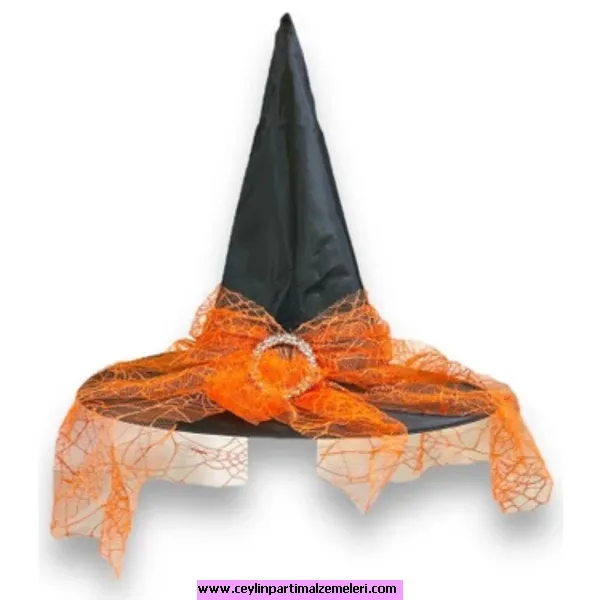 Siyah Turuncu Tüllü Cadı Şapkası